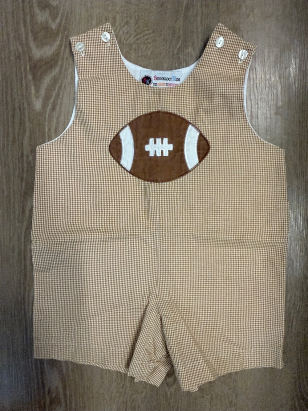 Smocked Kids Football Appliqué Shortalls - Tan